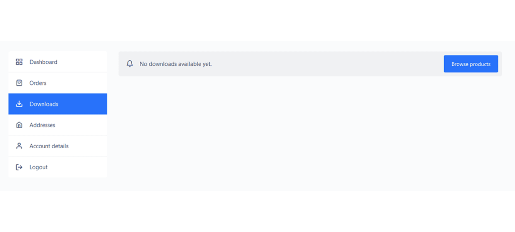 Downloads page in the account section showing available downloadable items with navigation menu on the left.