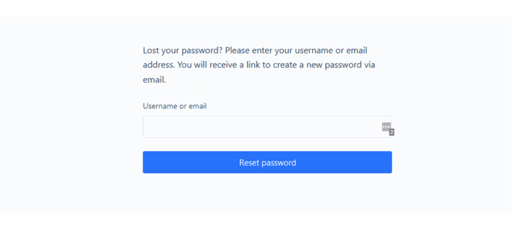 Reset password screen where users enter their username or email to create a new password via email link.