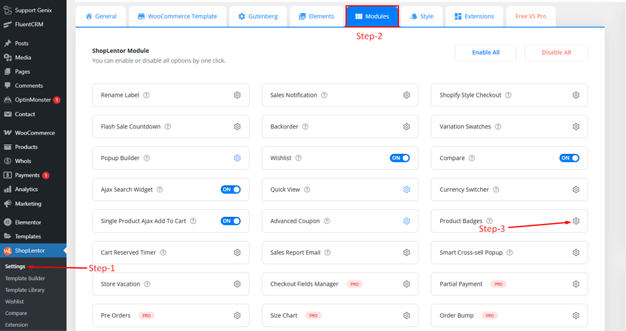 Navigate to ShopLentor > Settings > Modules