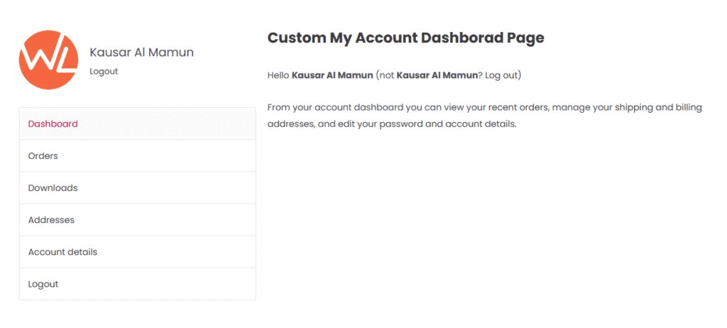 Default WooCommerce account dashboard with user menu and welcome message.