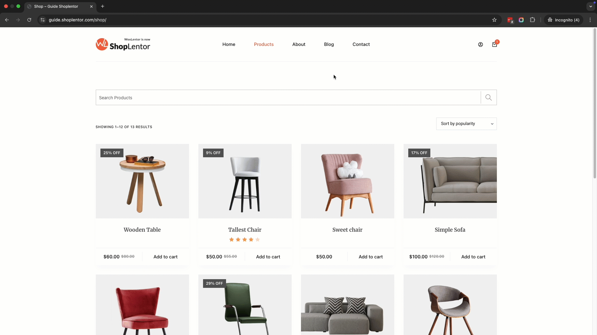 ShopLentor Ajax Search feature demonstrated on Office chair product page showing instant product discovery without page reload for seamless shopping experience