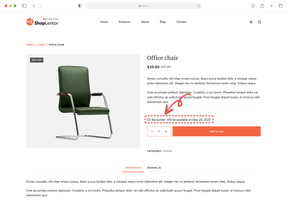 ShopLentor Backorder module displaying Office chair product page with backorder notification that allows customers to purchase temporarily out-of-stock items