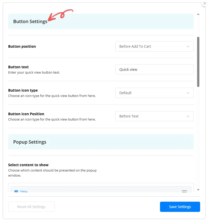 Quick View Button Settings