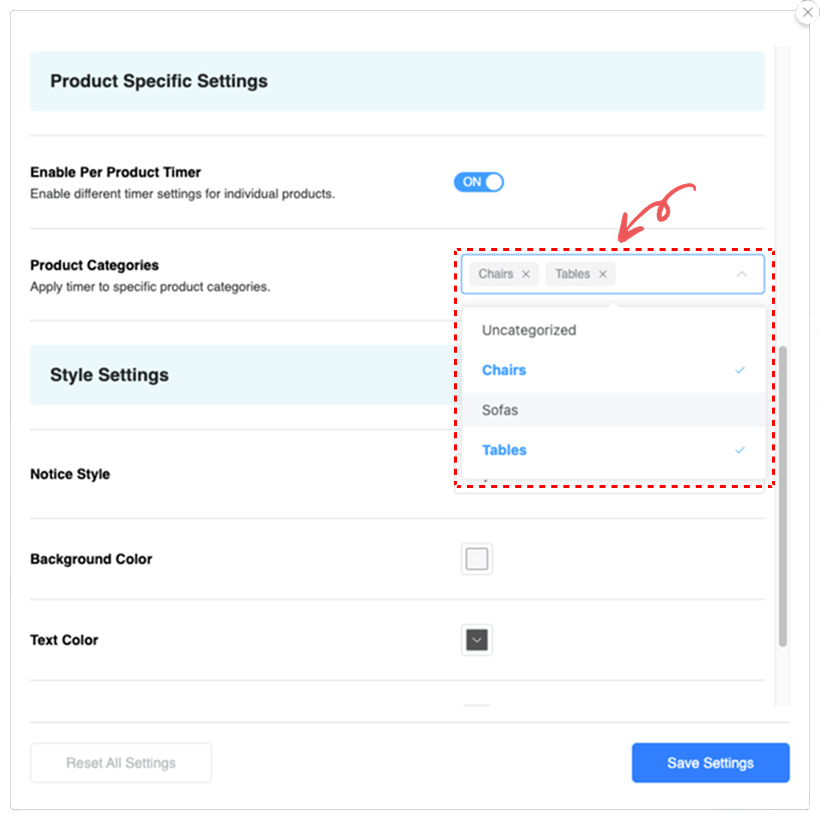 Product Specific Settings Image - Cart Reserved Timer