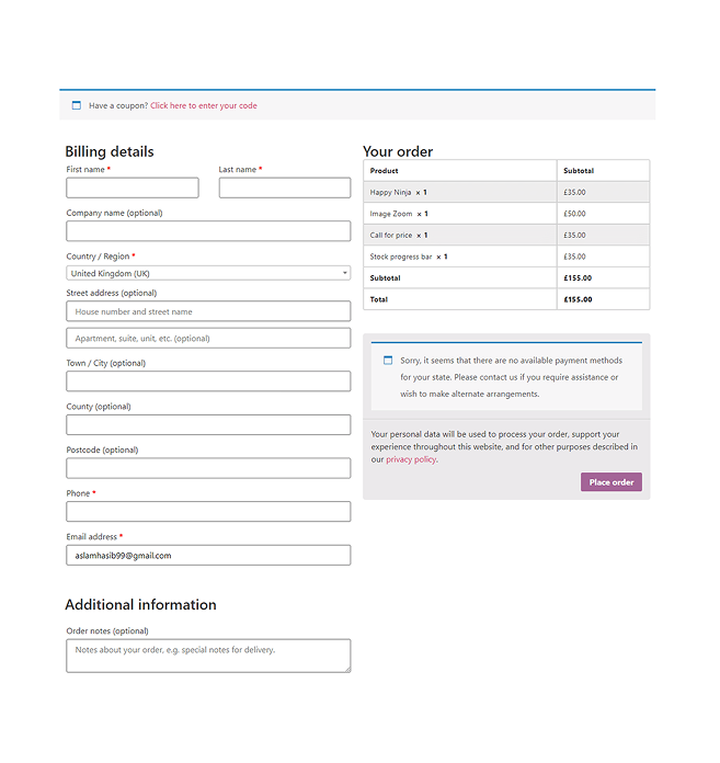 Modern checkout layout with sections for customer info, payment options, and order summary on the right, highlighted by a clean white and purple theme.