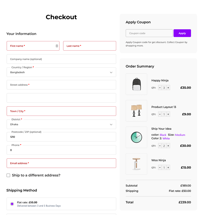 Modern checkout layout with sections for customer info, payment options, and order summary on the right, highlighted by a clean white and purple theme.