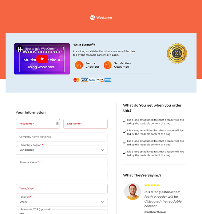 Detailed, vertically structured checkout form with red accents, showing login, billing, payment, and trust badges in a long single-column format.