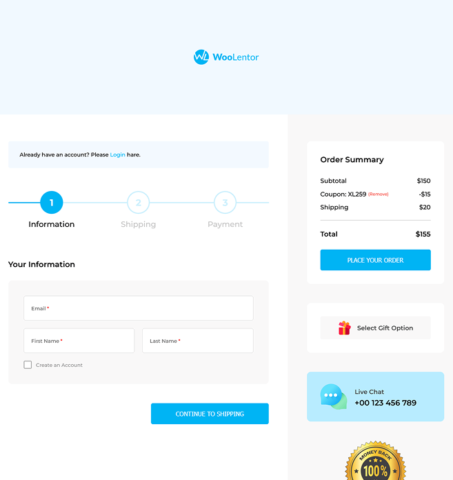Simplified, step-by-step checkout process with blue branding, featuring tabs for information, shipping, and payment alongside a minimal order summary panel.