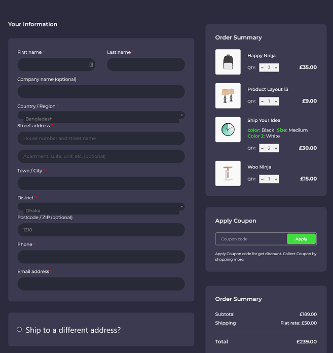 Dark-themed checkout layout with white text fields, a vivid green call-to-action button, compact order summary on the right, and user testimonials at the bottom.