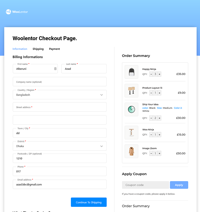 Clean, light blue and white checkout layout with a structured billing form, detailed order summary, discount code input, and user reviews near the bottom.