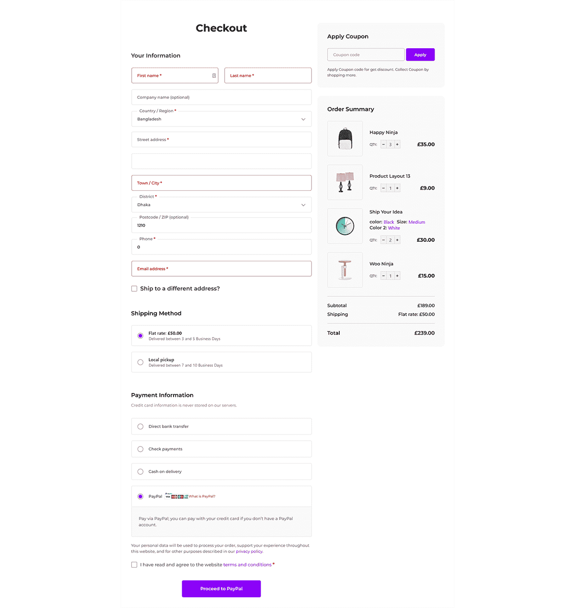 Modern checkout layout with sections for customer info, payment options, and order summary on the right, highlighted by a clean white and purple theme.