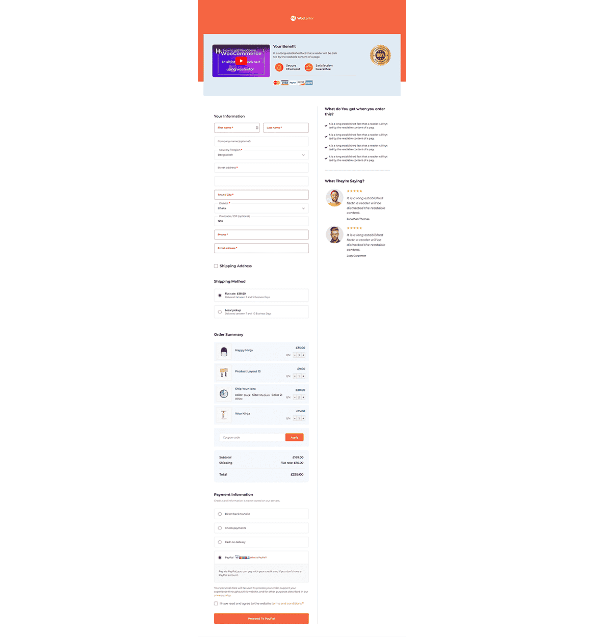 Detailed, vertically structured checkout form with red accents, showing login, billing, payment, and trust badges in a long single-column format.