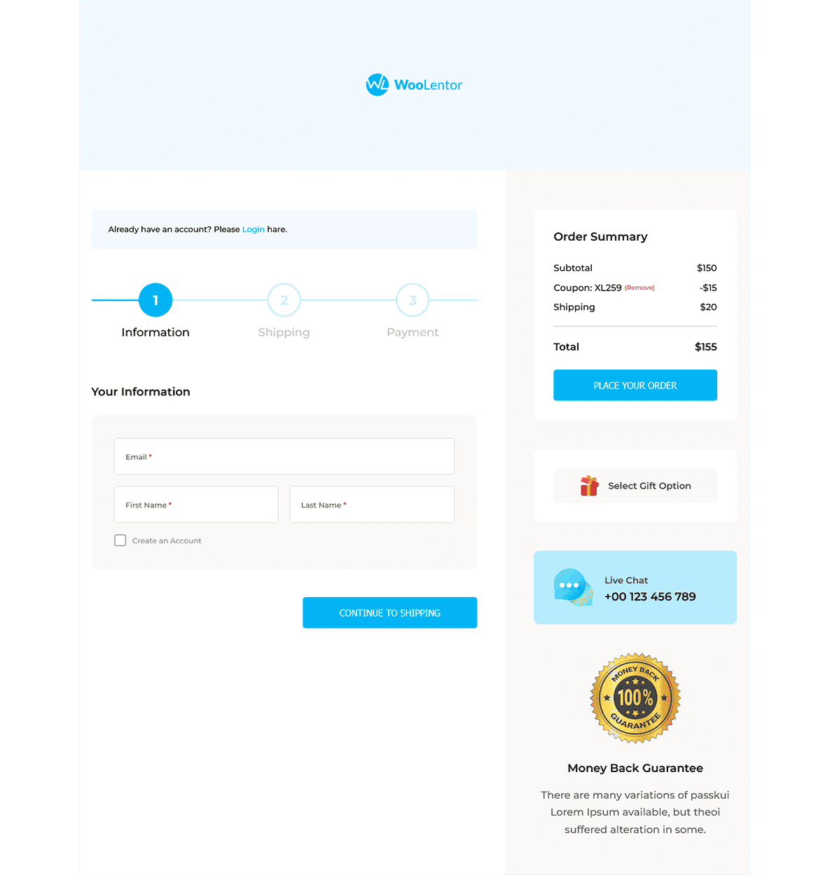 Simplified, step-by-step checkout process with blue branding, featuring tabs for information, shipping, and payment alongside a minimal order summary panel.