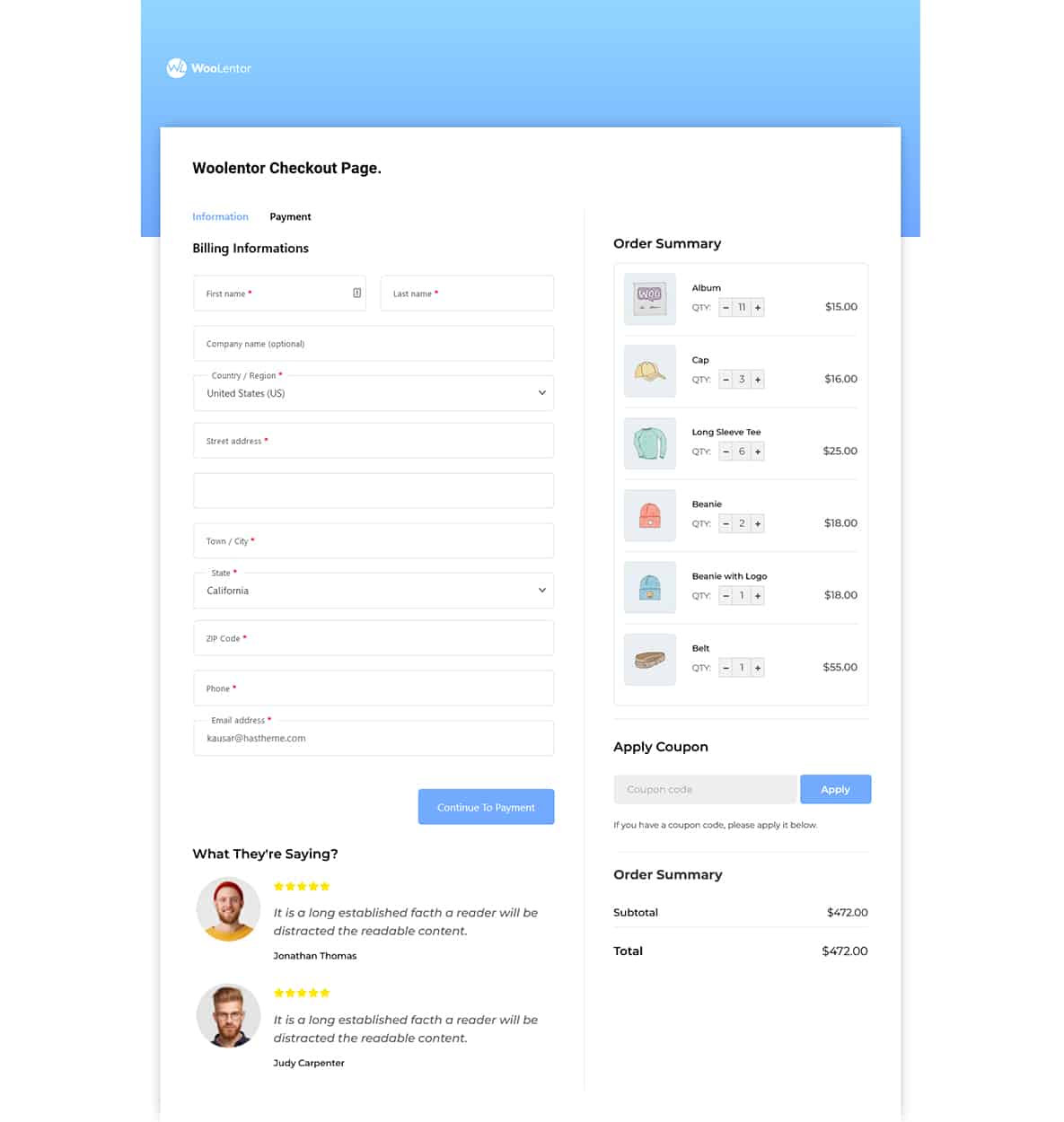 Clean, light blue and white checkout layout with a structured billing form, detailed order summary, discount code input, and user reviews near the bottom.