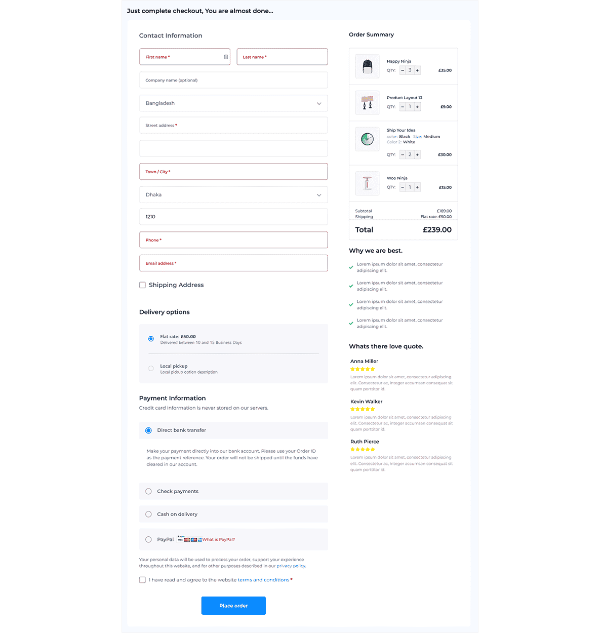 Vertical checkout layout with a step-by-step form including contact, delivery, and payment information, along with an order summary on the right; key details are blurred for privacy.