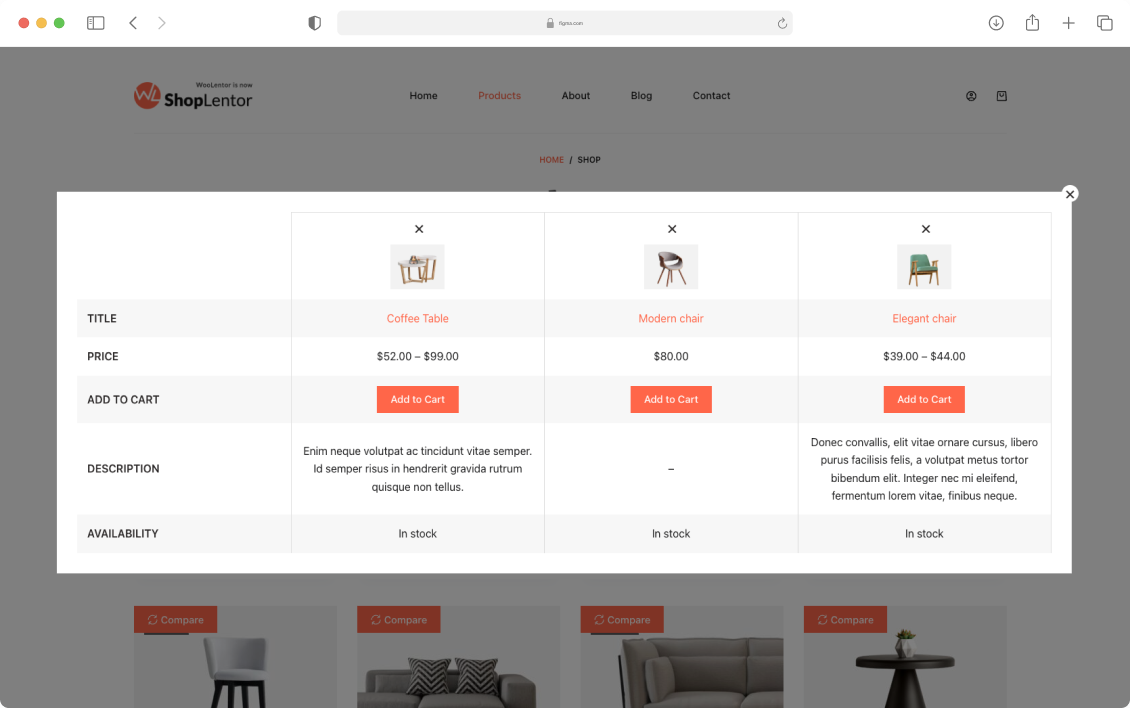 "ShopLentor product comparison popup displaying side-by-side comparison of furniture items with images, prices, descriptions, and add to cart buttons for simplified decision making