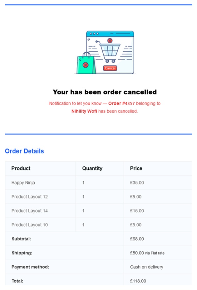 Illustrated cancellation email featuring a graphic of a browser window with a cancel icon, red alert message, and a structured table showing cancelled order details.