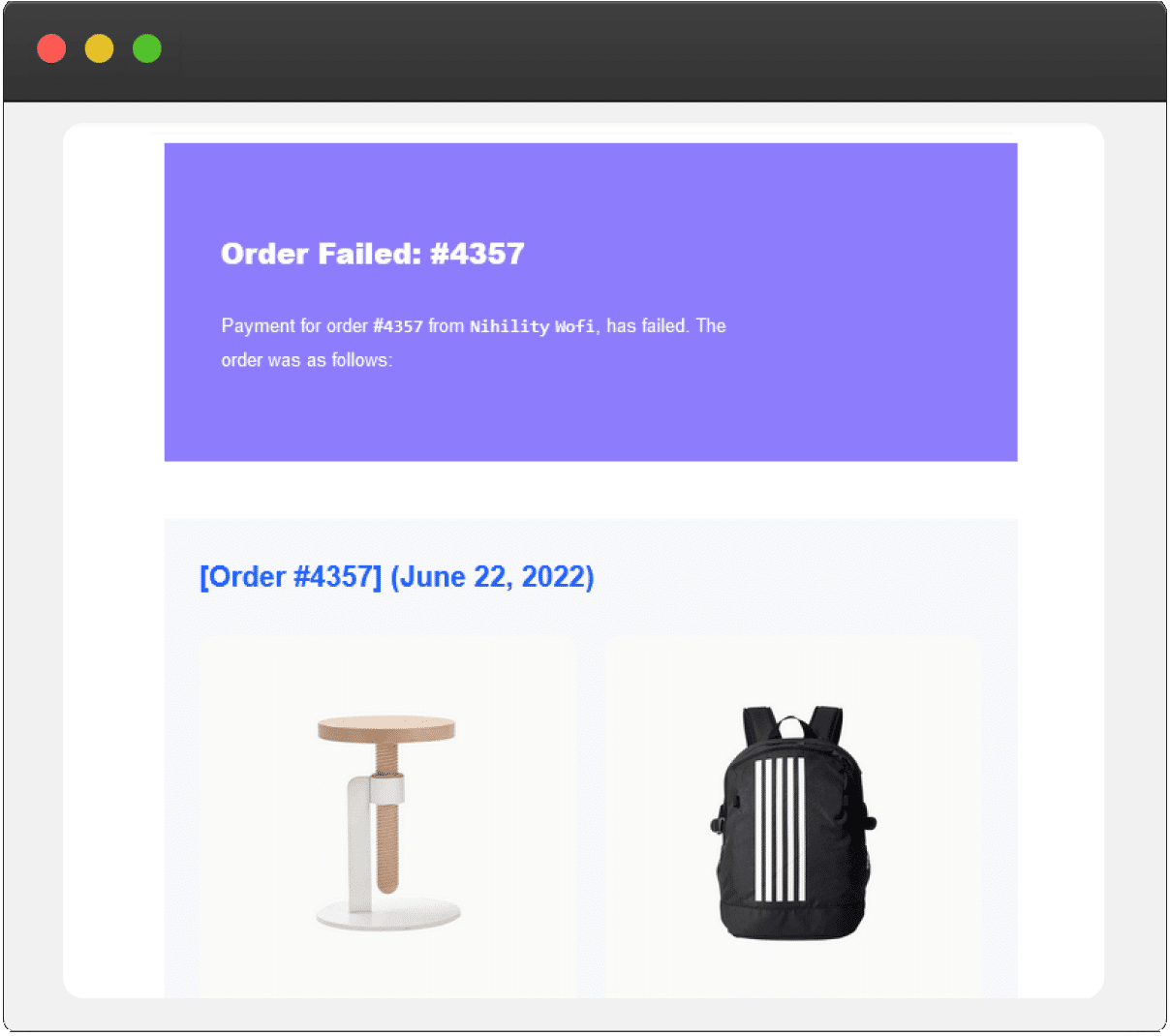 Email Failed Order Layout - Email Customizer