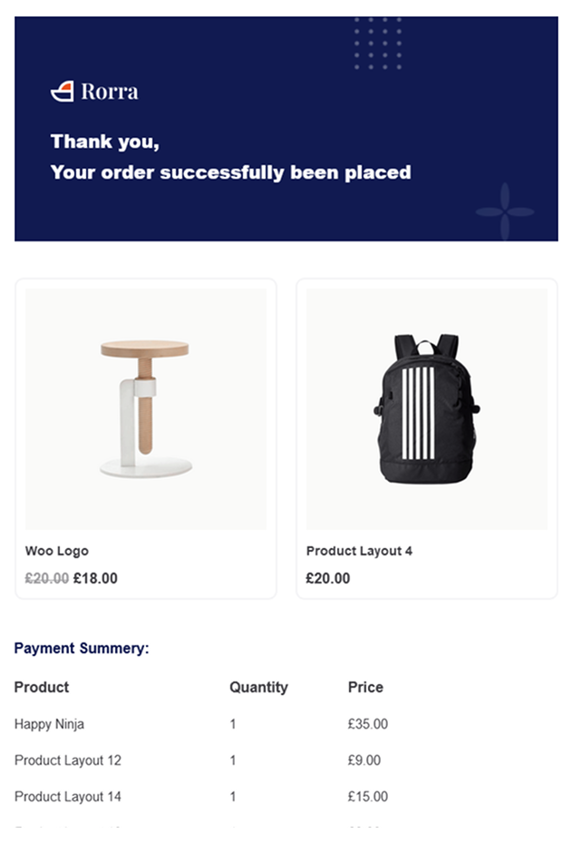 Dark-themed order confirmation email with bold thank you message and images of purchased products displayed in a grid.