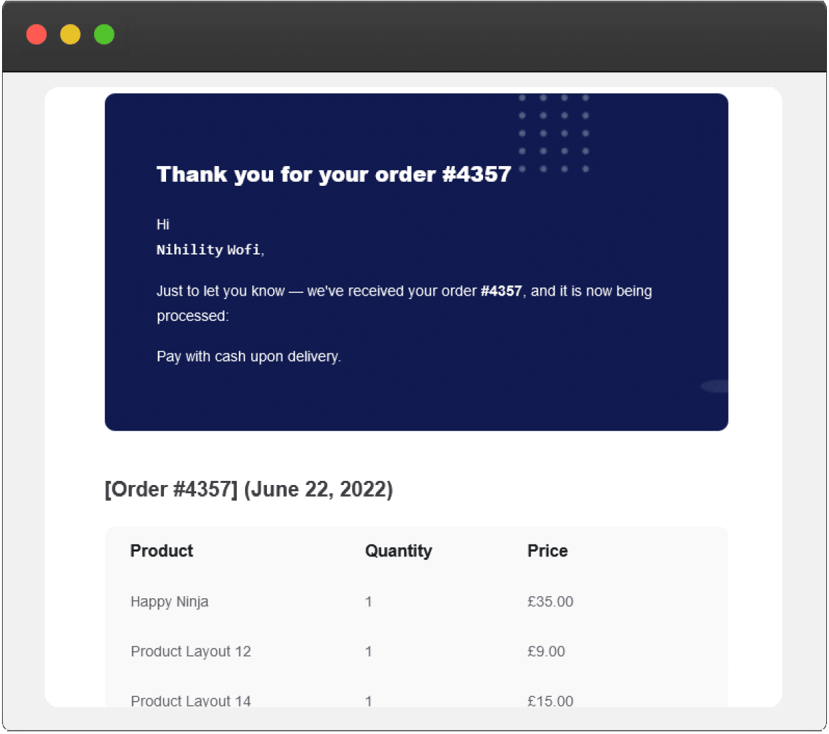 Email Processing Order Layout - Email Customizer