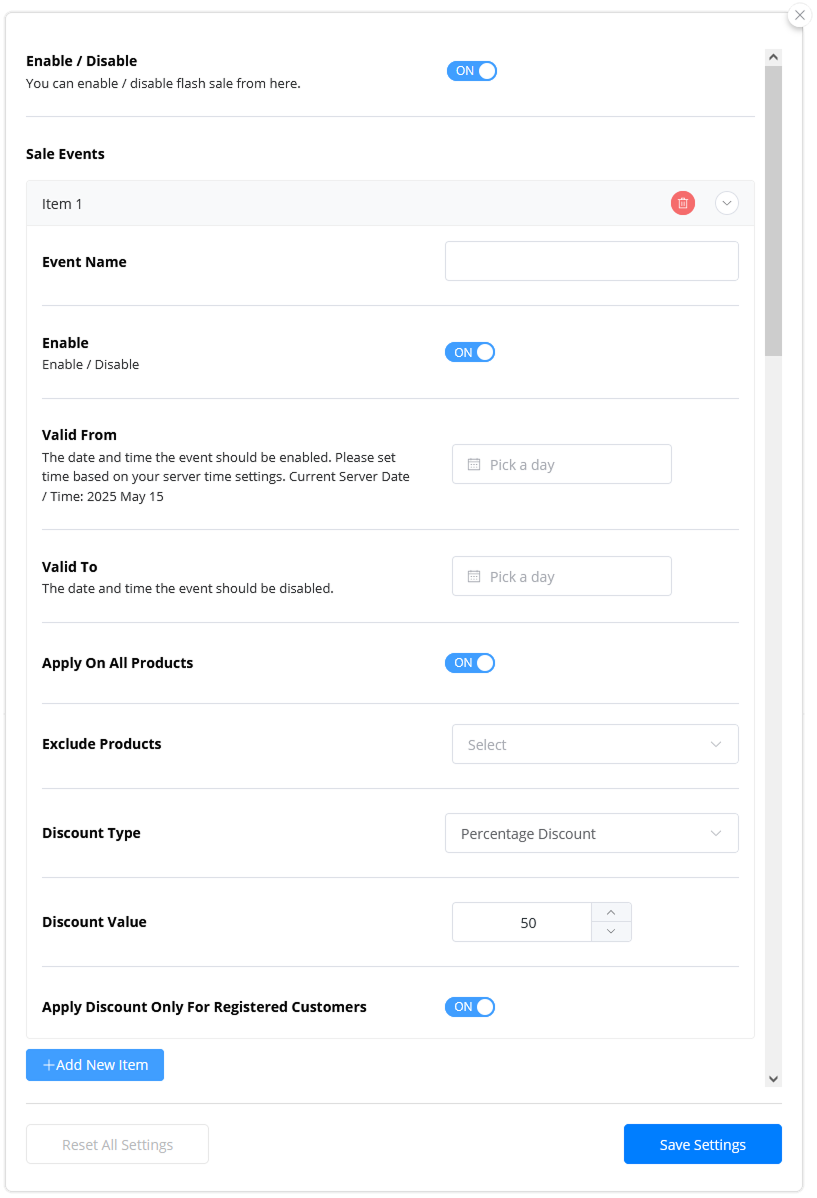 ShopLentor Flash Sale Countdown configuration panel with enable/disable toggle, price label management, and timer display options