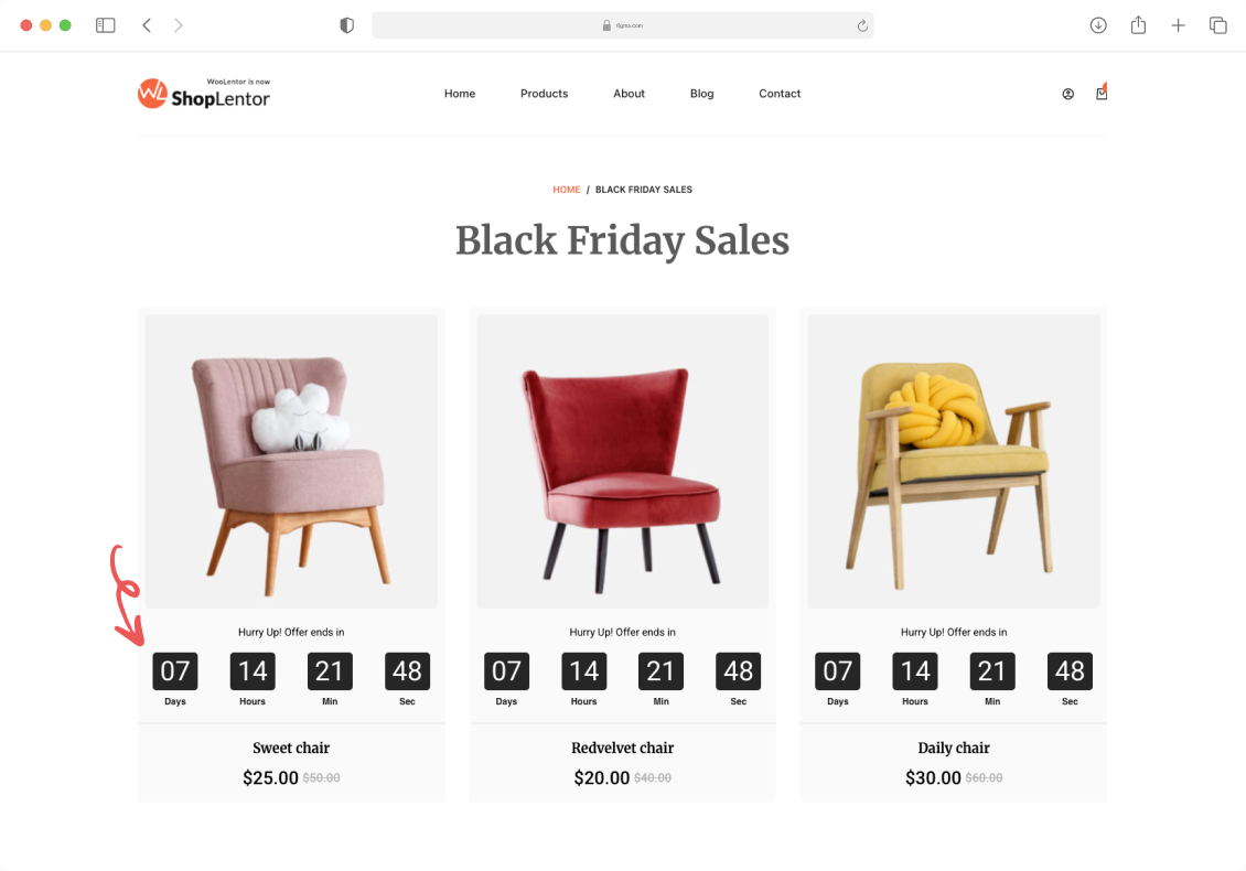 ShopLentor flash sale product page with countdown timers creating urgency for limited-time furniture offers on accent chairs