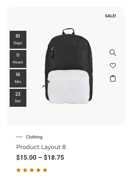 Product card showing a gray backpack with price and icons for wishlist, cart, and quick view