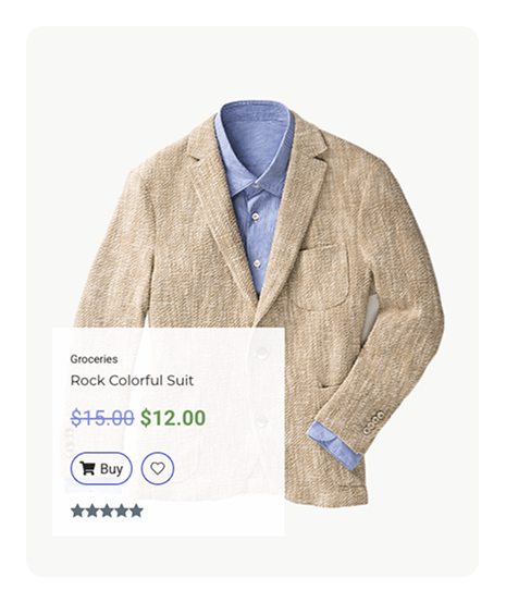 Product card displaying a beige blazer with discounted price and star rating