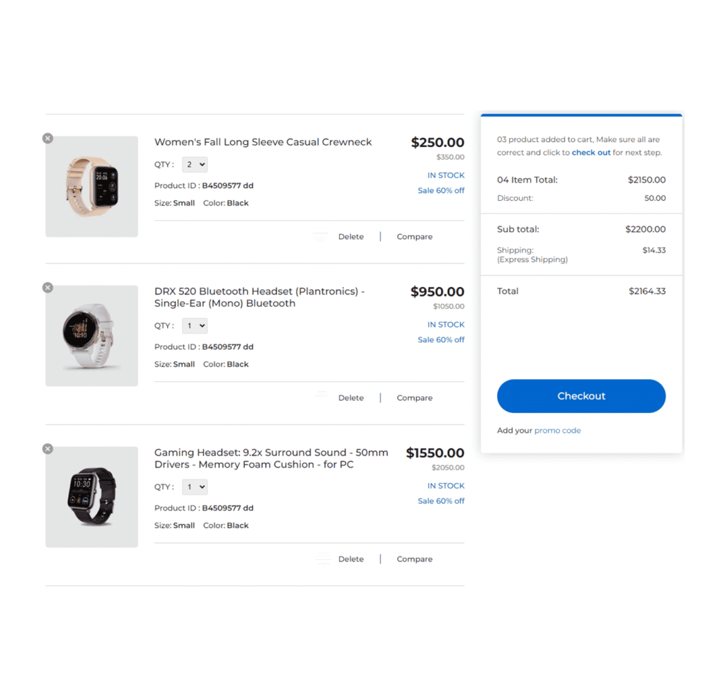 Modern cart page featuring tech products in a vertical list with a floating blue checkout panel on the right showing subtotal, tax, shipping, and total amount.