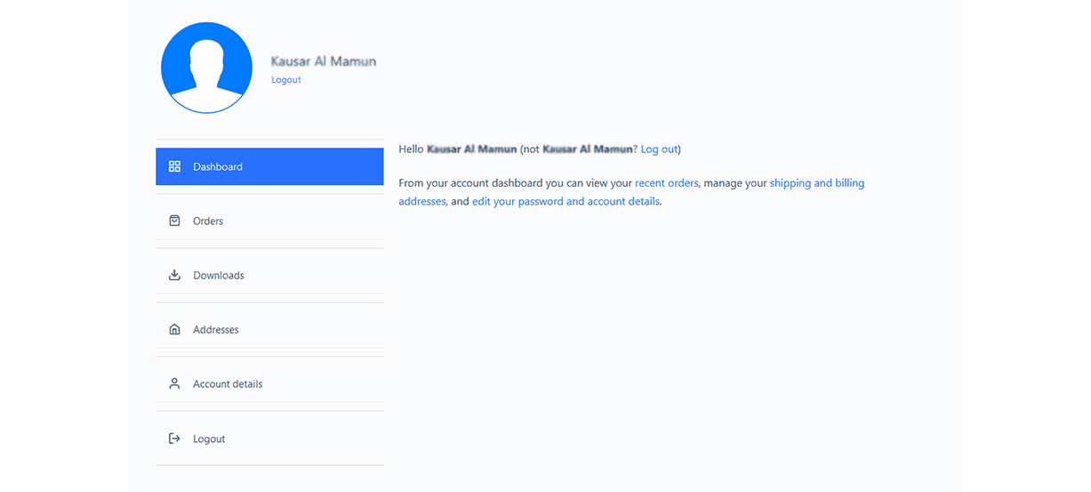 User account interface with a blue sidebar menu including Dashboard, Orders, Downloads, Addresses, Account Details, and Logout.