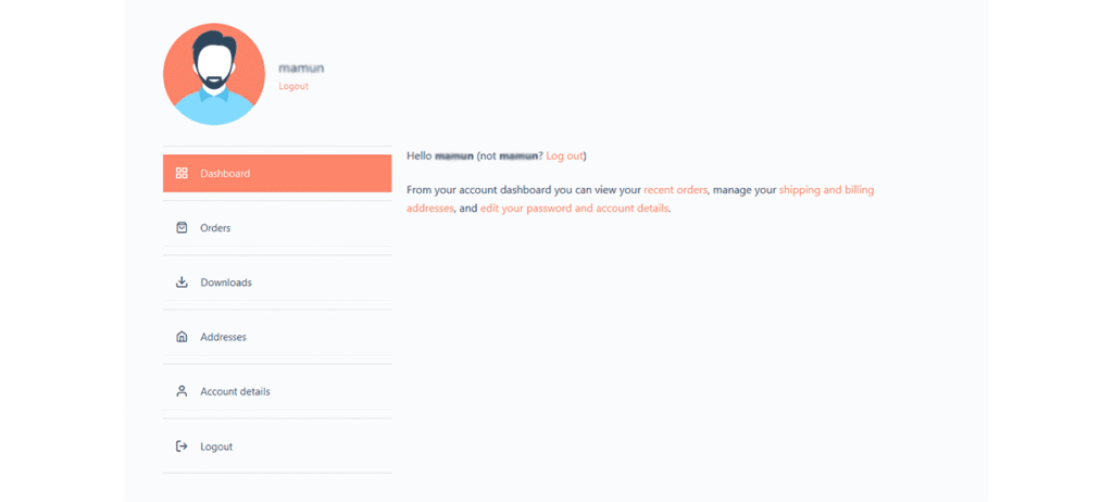 Account dashboard showing a welcome message, user avatar, and a sidebar with navigation links for managing orders, downloads, and account settings.