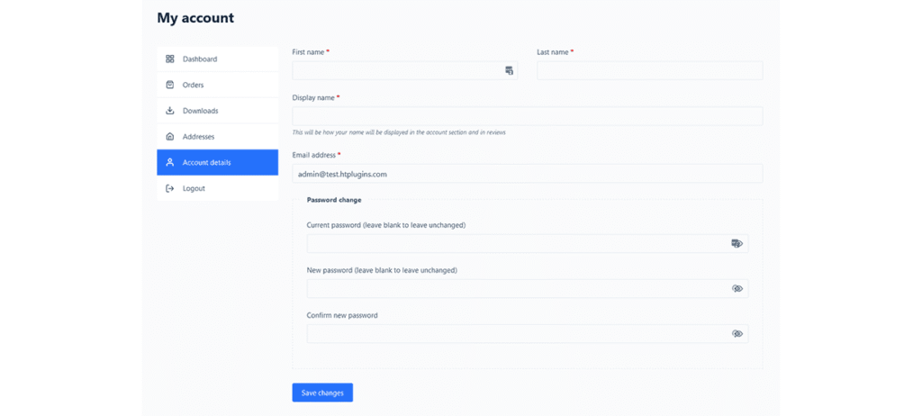 Editable account details screen showing form fields for name, email, and password changes with a save changes button.