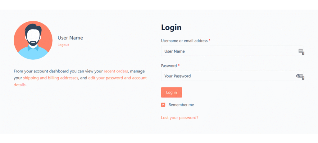 Login and registration form with fields for email and password, a user avatar, and a prominent login button.