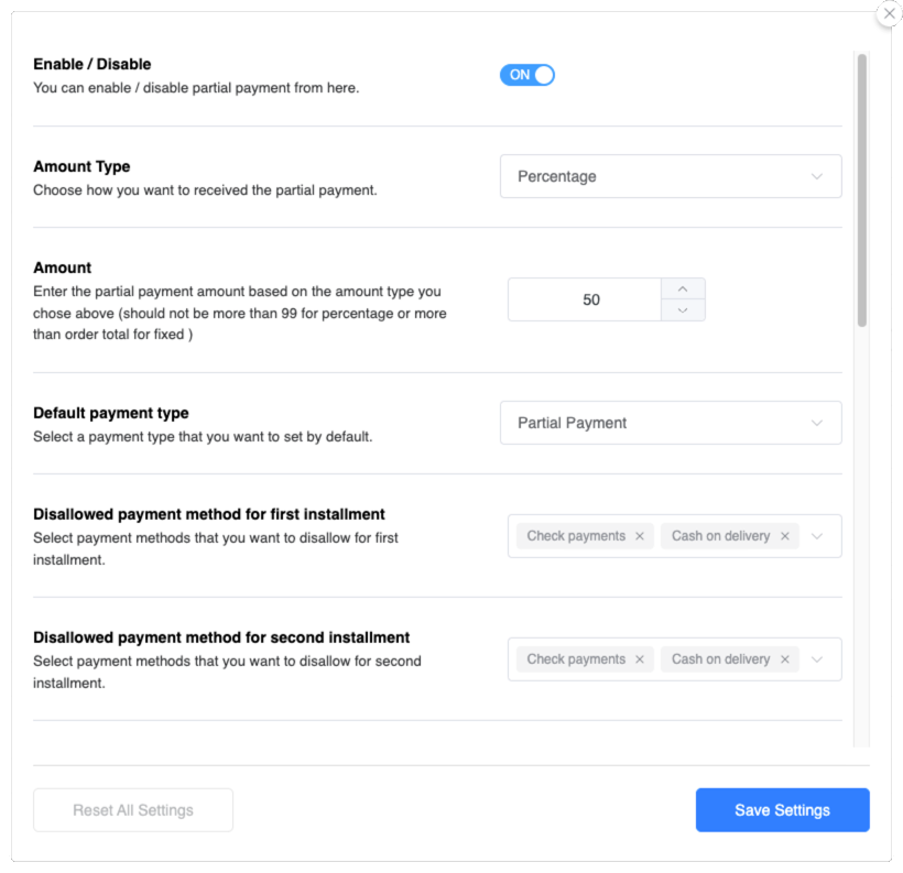 Payment Settings Image - Partial Payment