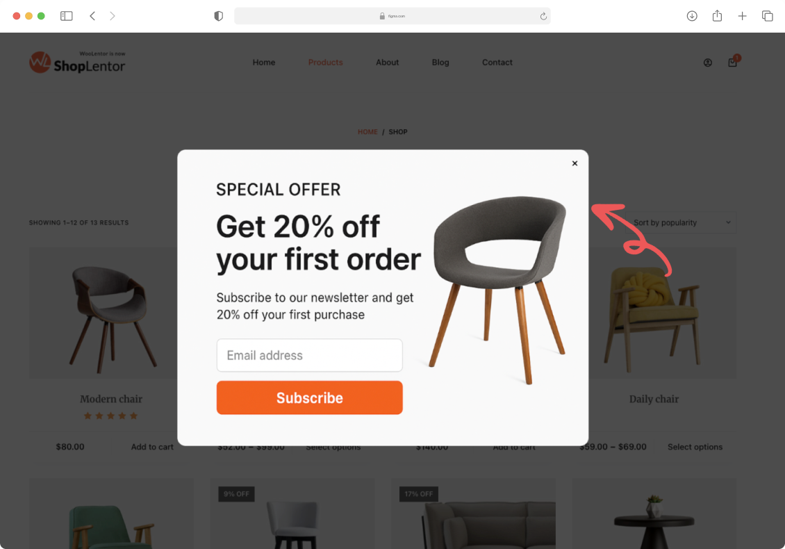 ShopLentor Popup module displaying newsletter subscription offer with 20% discount incentive for first purchase featuring modern chair image on furniture store shop page
