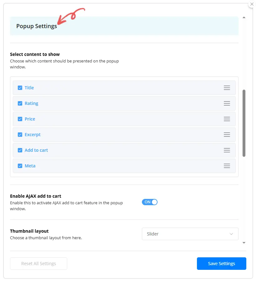 Quick View Popup Settings