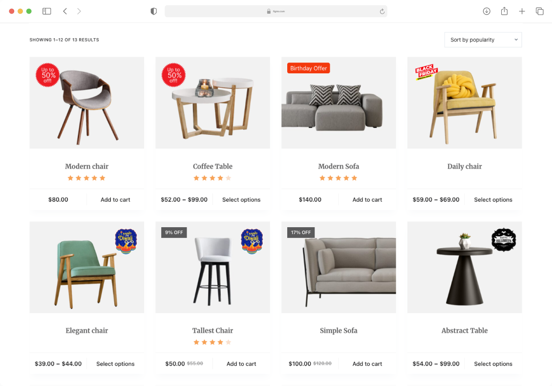 "WooCommerce product grid displaying ShopLentor's Product Badge module with various promotional labels including sale percentages, special offers, and event-based tags on furniture items
