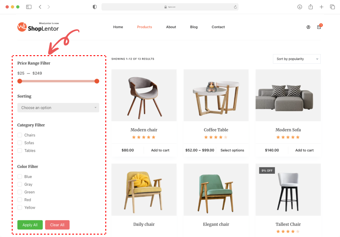 ShopLentor Product Filter module showing sidebar with price range slider, sorting options, category checkboxes, and color filters to enhance furniture shop product discovery