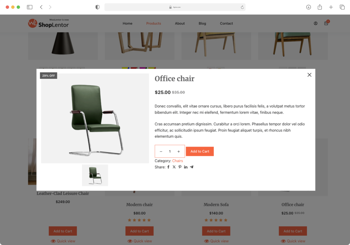 WooCommerce Quick View popup module displaying Office chair details, pricing, description, and purchase options without requiring customers to navigate to the full product page