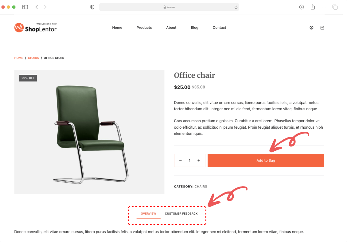 "ShopLentor Rename Label module showcase with customized 'Add to Bag' button and renamed product tabs showing 'Overview' instead of 'Description'