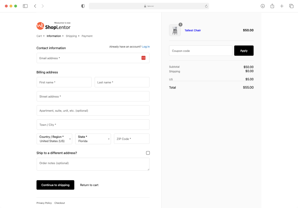 "ShopLentor's Shopify Style Checkout interface displaying streamlined three-step process with customer information form, order summary showing Tallest Chair product, and simplified billing fields for a frictionless purchasing experience