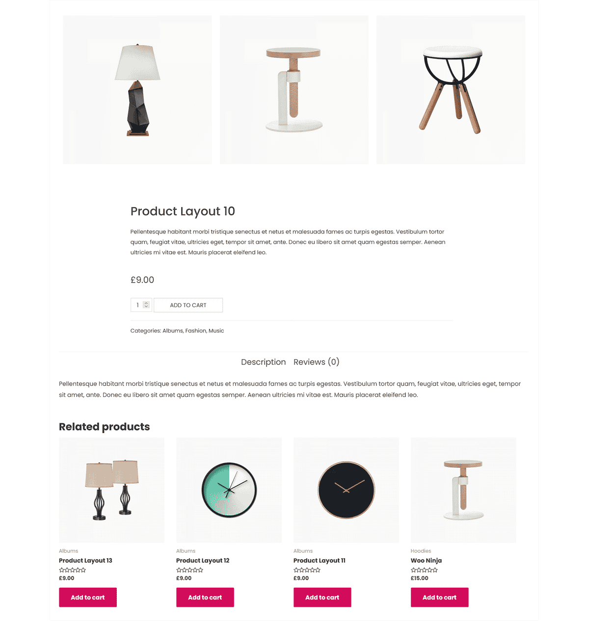 Single product page layout featuring a product gallery of lamp, stool, and chair, with price, description, and related product recommendations below.
