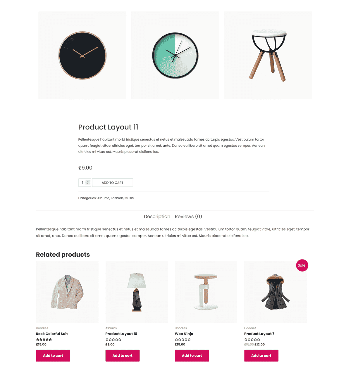 Single product layout with circular clock product images in the gallery, pricing and description section, and a row of related products at the bottom.