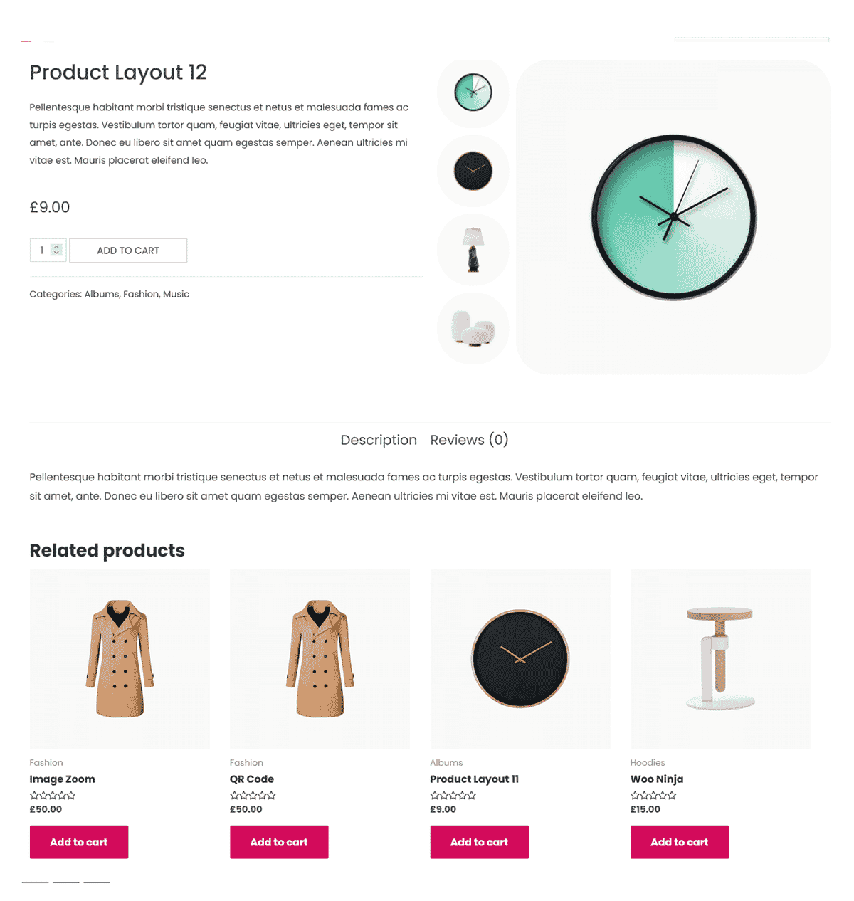 Single product page layout with a modern wall clock image gallery, price and cart button, and a row of related fashion and home decor products.