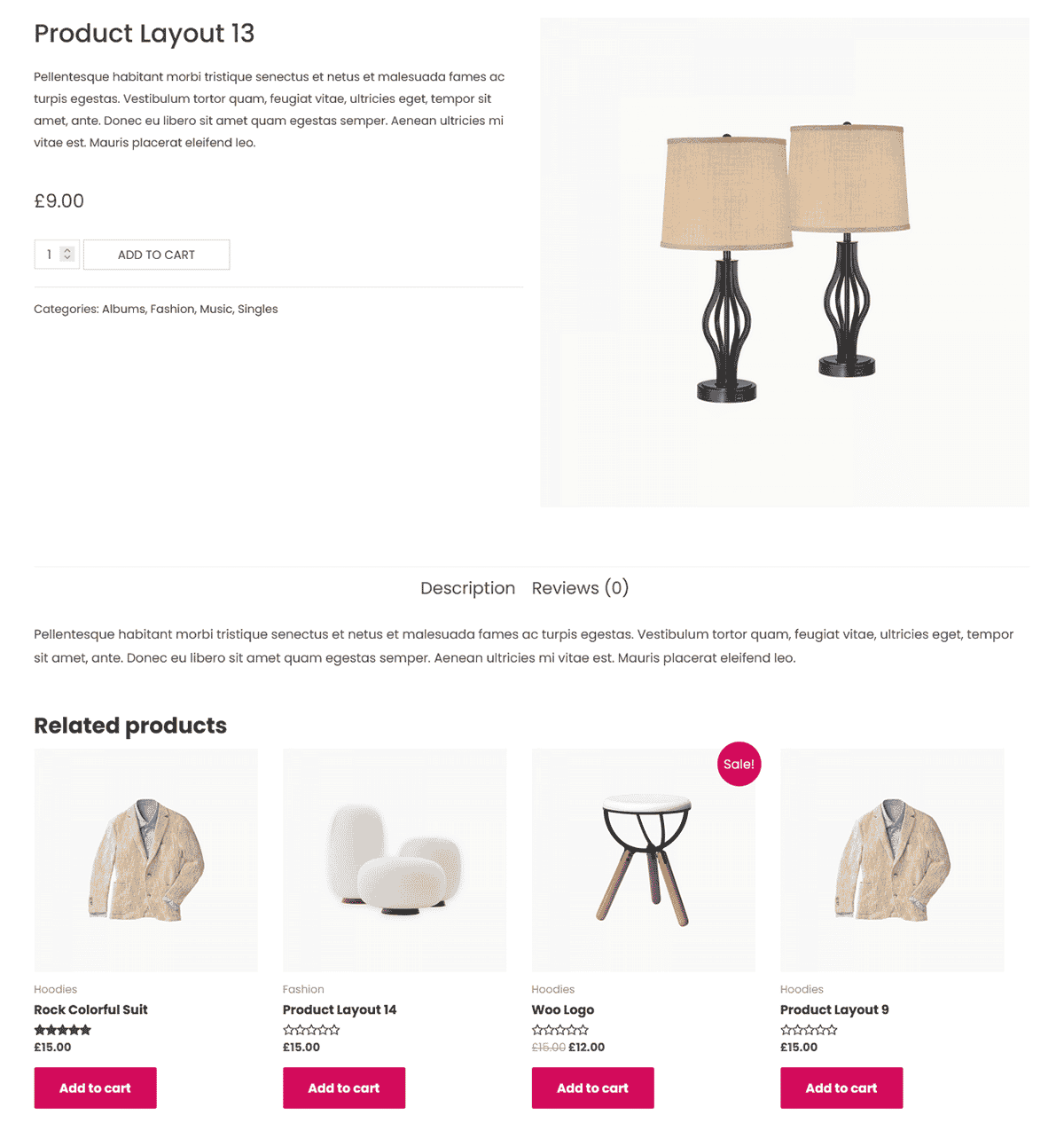 Single product layout featuring a pair of decorative lamps, minimal product description, and related items including fashion and furniture.