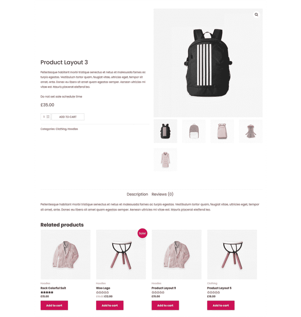 Minimal single product layout displaying a backpack, product info on the left, and related items in a clean horizontal slider.