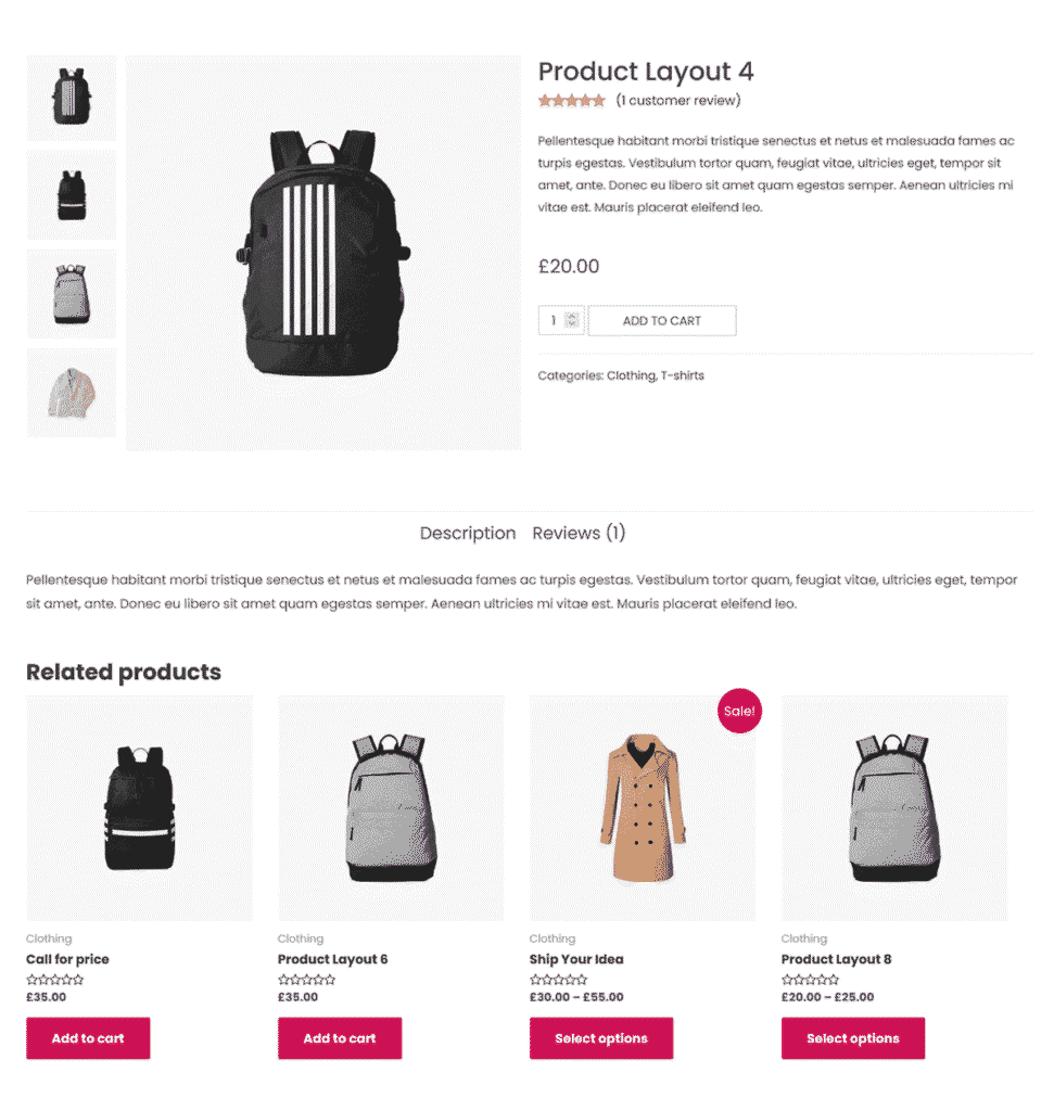 Full-featured product page for a backpack with tabs for description and reviews, plus related products shown below in full width.