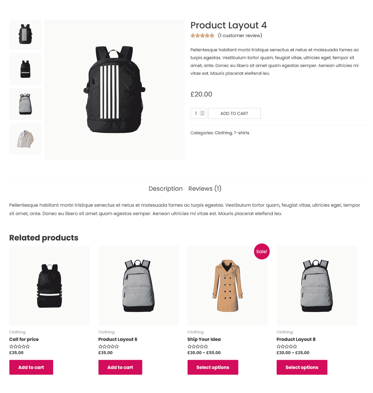 Product page featuring a black backpack with tabbed product details and related suggestions