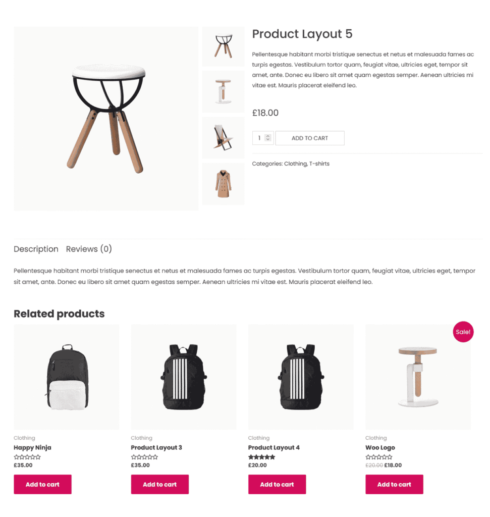 Product detail page for a wooden stool with side thumbnails, product description, price, and a horizontal row of related products below.
