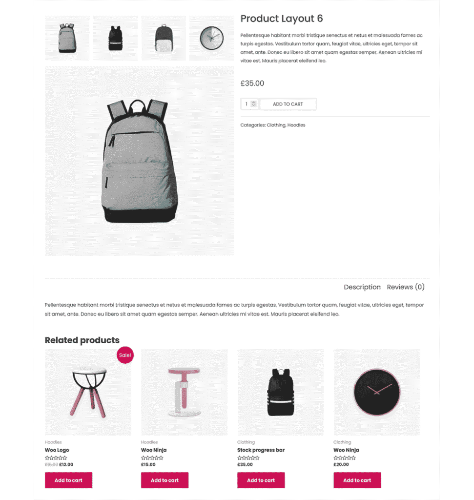 Clean single product layout highlighting a backpack, with top-aligned thumbnails and related products displayed at the bottom.